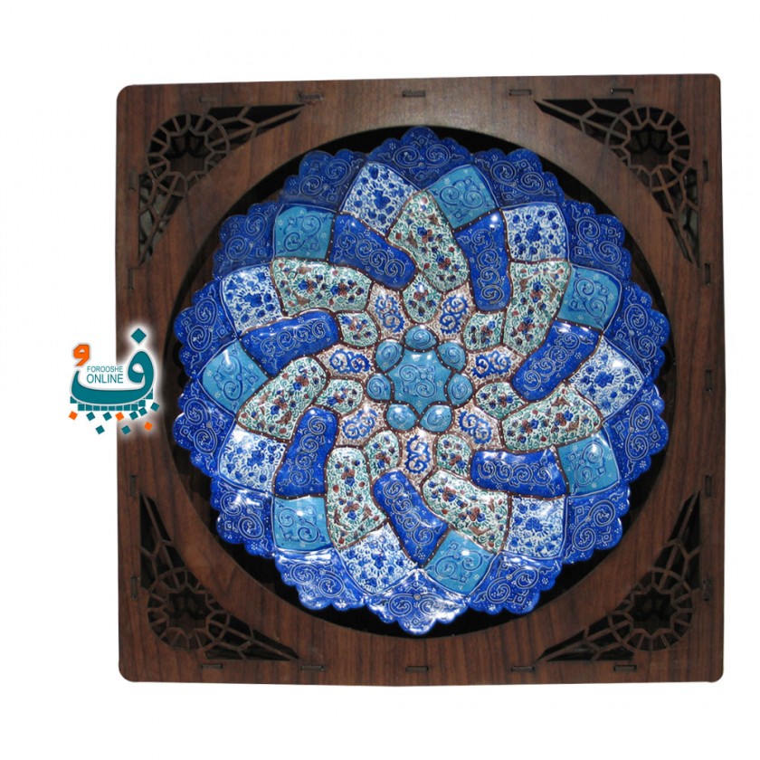 بشقاب مسی مینا کاری با قاب چوبی (کد 111)